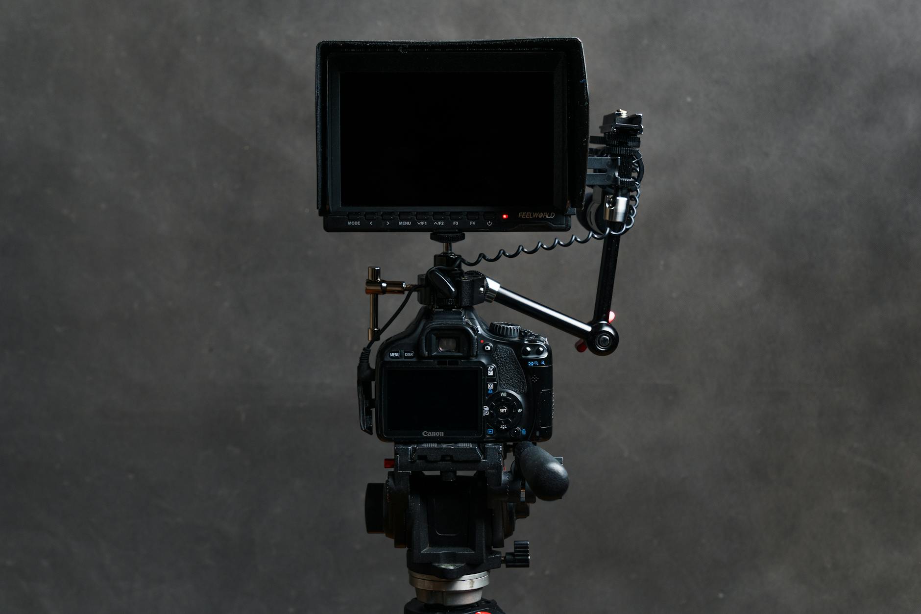 High-quality video camera with attached monitor and tripod, ideal for filming.