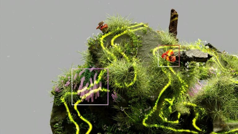 Digital representation of nature with neon elements and abstract plants suggesting AI influence.