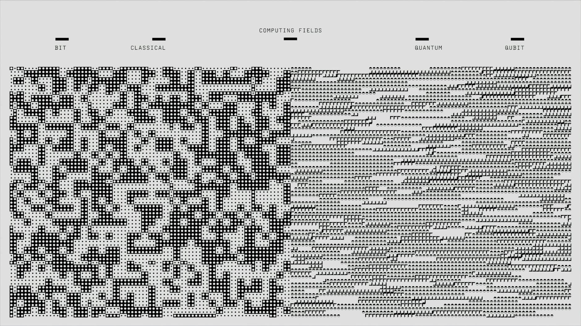 Abstract design showcasing computing fields with geometric and binary patterns in black and white.