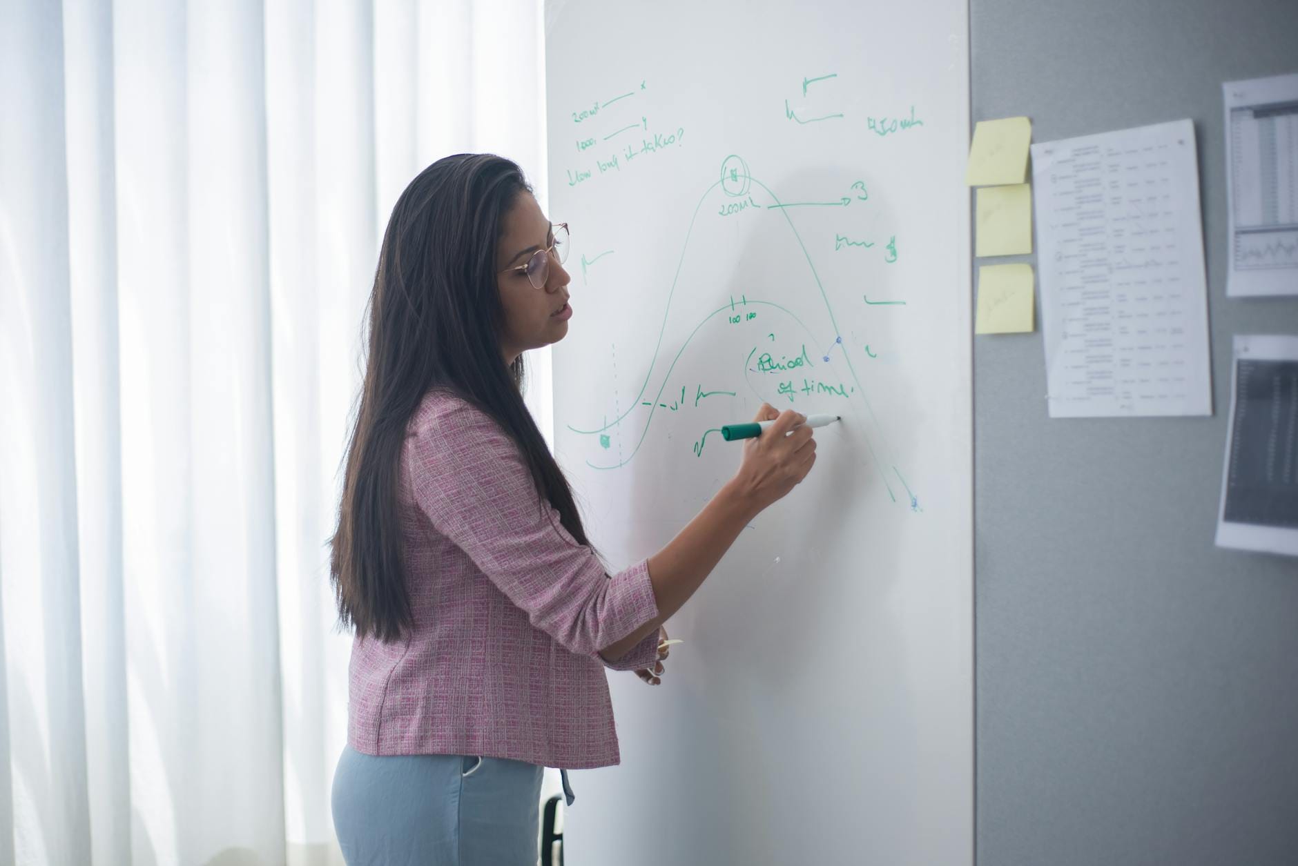 Businesswoman uses a whiteboard in office setting while brainstorming ideas.