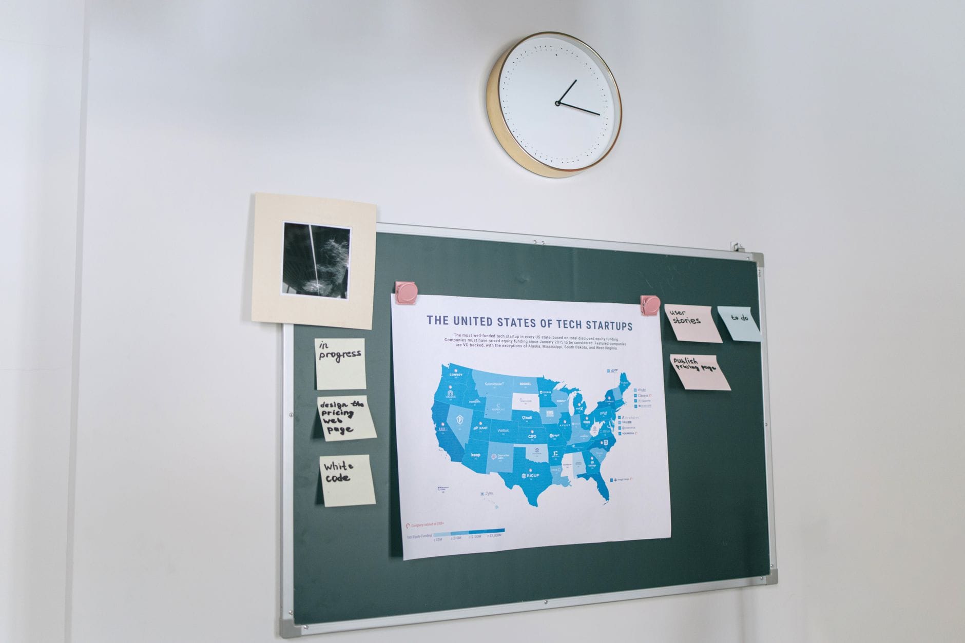 A planning board with a USA tech startup map and sticky notes next to a wall clock. — claude mania enterprise ai adoptio