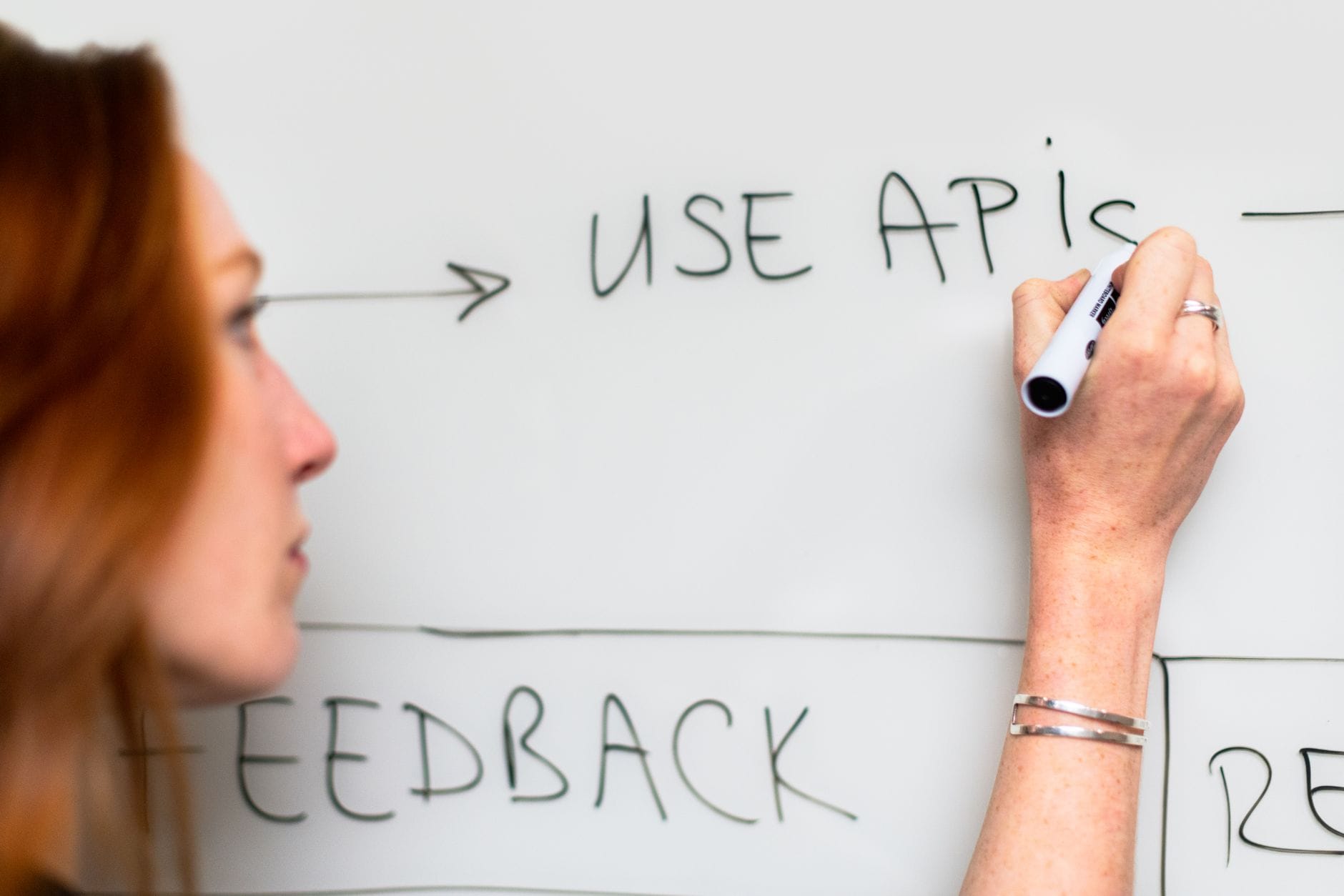 A woman writes 'Use APIs' on a whiteboard, focusing on software planning and strategy. — meta muse spark ai model vs lla