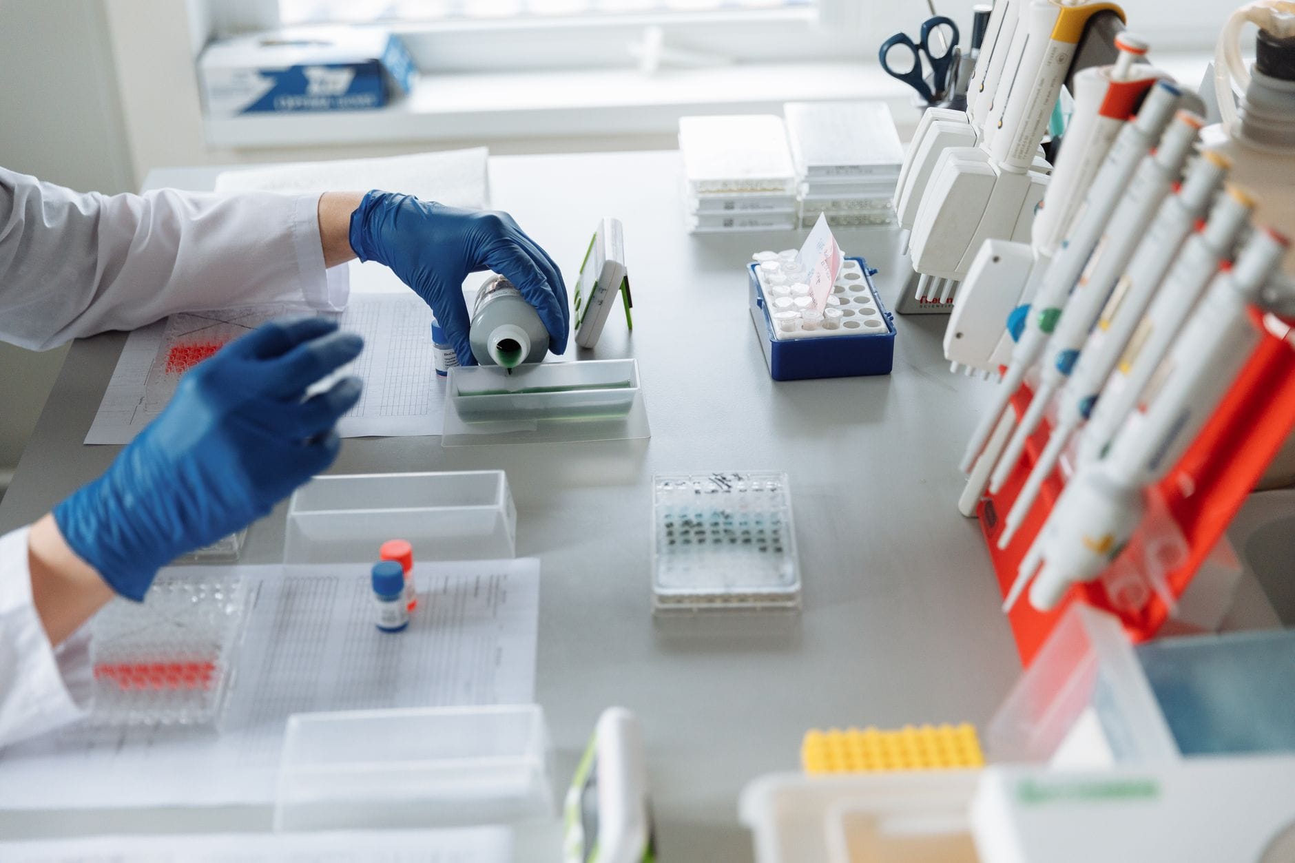 Scientist in blue gloves handling lab equipment and samples. — meta muse spark ai model vs llama