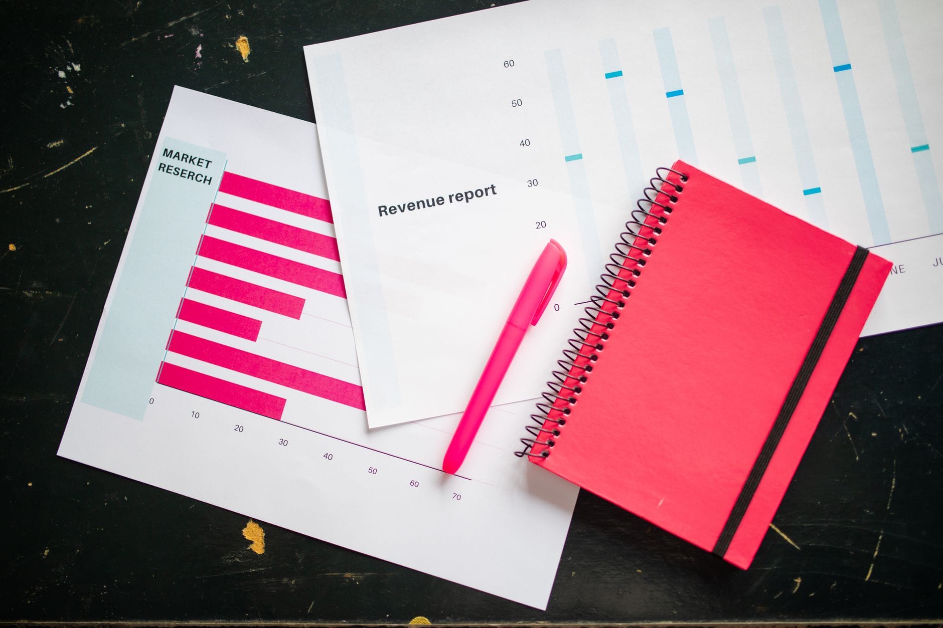 Overhead shot of a desk with charts, a red notebook, and a pen for business analysis. — anthropic claude app store numbe